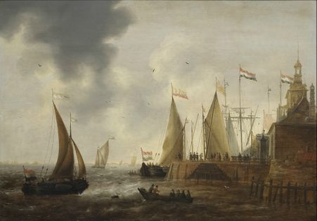 Autre destination essentielle, mais qui n’est pas classée de cours : la Hollande, illustrée ici dans le tableau de Jacob Adriaensz Bellevois, Voiliers devant le vieux port de Rotterdam (17e siècle).