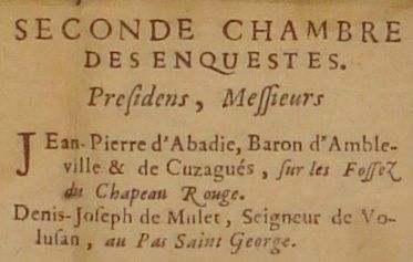 Un détail du document, au plus près de la typographie employée par Simon Boé : on y voit « fossés » orthographié « fossez », le Cubzaguais « Cuzagués », et comme souvent, le « s » minuscule du prénom Joseph ou du nom « Volusan » affecte la forme d’un « f ». Comme tous les mots contractés ensuite par un accent circonflexe, « enquête » s’écrit alors « enquestes ». 