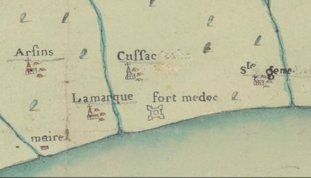 Sur cet extrait de la carte de la capitainerie de Lamarque dressée peu après le règlement de 1728, on voit apparaître le Fort-Médoc, schématiquement représenté ; les deux paroisses de Cussac et de Sainte-Gemme, définitivement fusionnées sous la Révolution, y sont nettement distinguées.