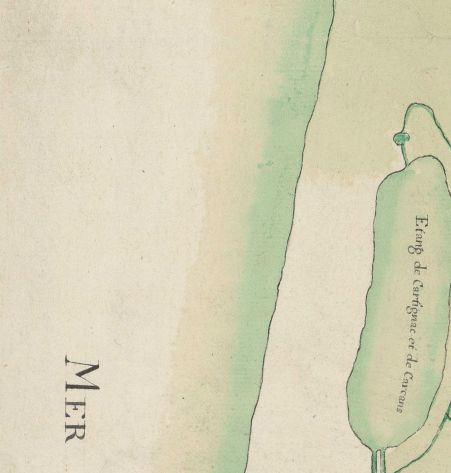 détail de la carte des capitaineries de la garde-côte du Médoc au 18e siècle (teinte mauve : la limite septentrionale de la capitainerie de Buch)