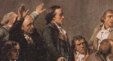 De nombreux acteurs de la première heure sombrèrent en 1793 et 1794 dans les luttes de factions qui divisent la Convention : la chute du parti girondin en est restée l’exemple le plus célèbre (détail de l’œuvre de Paul Delaroche, Le Dernier adieu des Girondins)