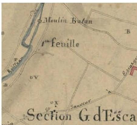 Extrait du tableau d’assemblage du cadastre napoléonien de la commune de Saint-Sauveur, dressé en 1825 : on y voit très nettement la position de trois domaines de Cavaignac, la Bâtisse au nord, Tourteran au centre, et Peyrabon au sud. Le siège actuel du château Ramage la Bâtisse correspond à l’ancien bourdieu de Tourteran, racheté en 1798.