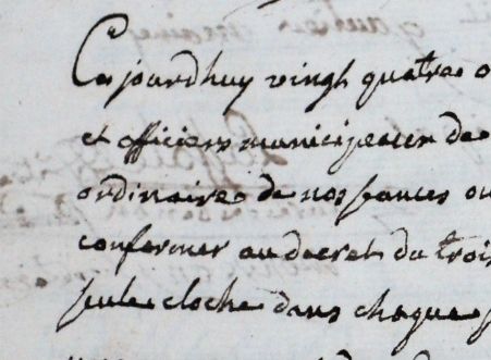 Délibération prise par la municipalité de Benon le 24 octobre 1793 pour la descente de l'une des cloches de l'église Notre-Dame (archives de la commune de Saint-Laurent-Médoc)